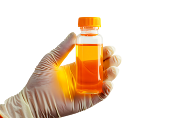 Health concept, people and medicine concept - bottle of antipyretic syrup in doctor's hand, isolated on transparent background. PNG