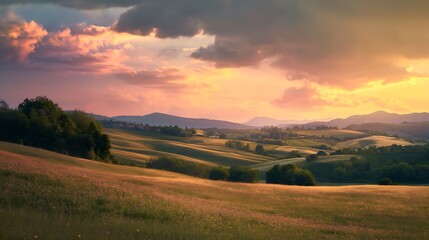 Fototapeta premium A peaceful rural landscape with rolling hills under a colorful evening sky.