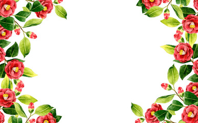 赤色の椿の背景　冬・春の花の手描き水彩イラスト素材