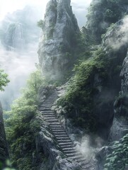 showing a solitary staircase winding its way up a high mountain. The path is flanked by towering rocks and thick greenery,