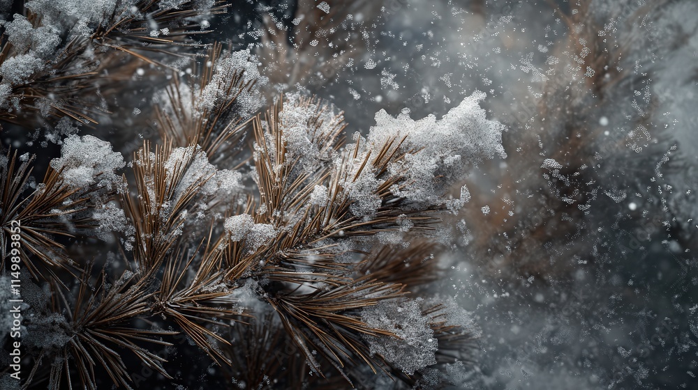 Poster capturing a pine branch with snow on it, zoomed in to highlight the intricate texture of the snow re