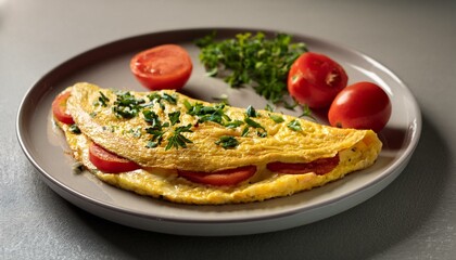 温かいオムレツとトマト、ハーブのアクセントが美しい真っ白なプレート
