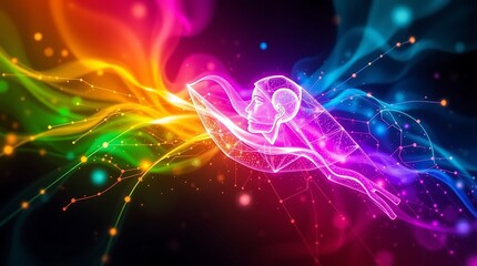 Abstract Rainbow Energy Burst: A swirling vortex of vibrant colors explodes across a black background, radiating energy and dynamism.