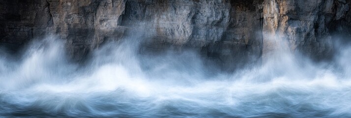 Obraz premium Abstract blurred image of powerful waves crashing against a rocky cliff face.