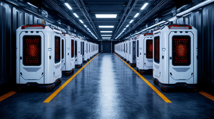 Futuristic storage facility with robotic units lined up in sleek corridor, showcasing advanced technology and modern design. atmosphere is high tech and innovative
