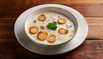 シンプルな白い皿に盛られた濃厚なクラムチャウダーとクラッカー
