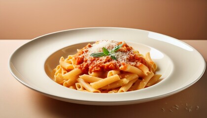 クリーム色の背景に映える、トマトソースとパルメザンチーズが特徴のパスタ
