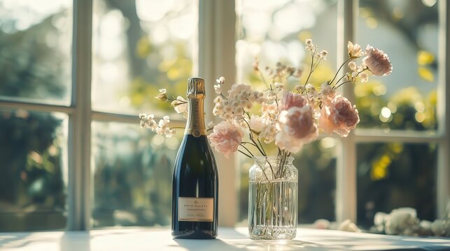 champagne bottle placed on a white table, accompanied by a glass vase filled with beautiful flowers, creating an atmosphere of elegance and joy