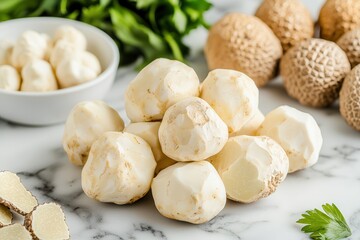 Fototapeta premium Truffles embody organic luxury. Fresh white fruits and herbs on a marble surface.