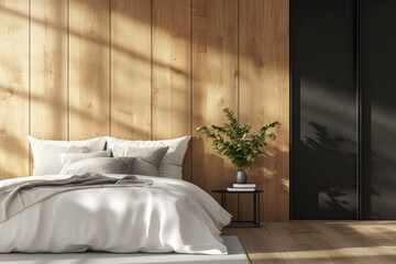 A bedroom with a wooden wall and a bed with white sheets