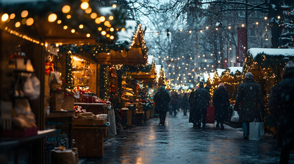 Fototapeta premium Winter market bustling with visitors and festive lights during a snowfall in a charming urban setting