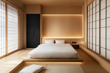 A bedroom with a white bed and a black cabinet