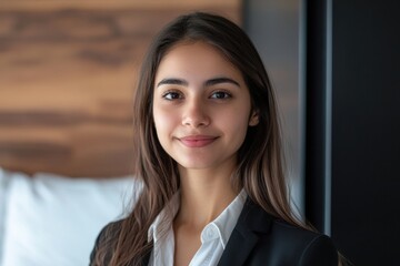 Fototapeta premium A woman in a business suit is smiling for the camera