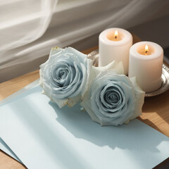 white candle and blue roses
