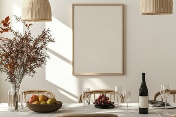 Poster mockup of a blank  frame hanging on a clean, white wall 