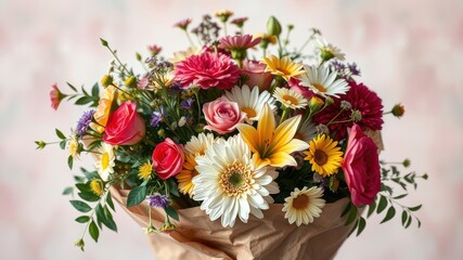 A vibrant bouquet of assorted flowers, including roses, lilies, daisies, and gerberas, artfully arranged and wrapped in kraft paper.