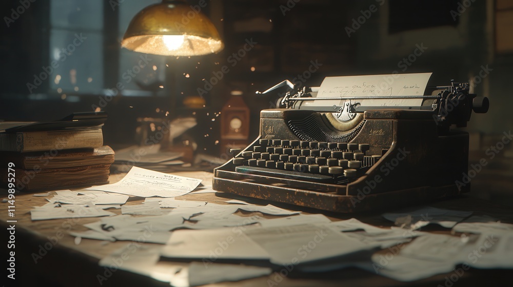 Poster old typewriter and scattered documents on a table, captured with soft light illuminating the scene,
