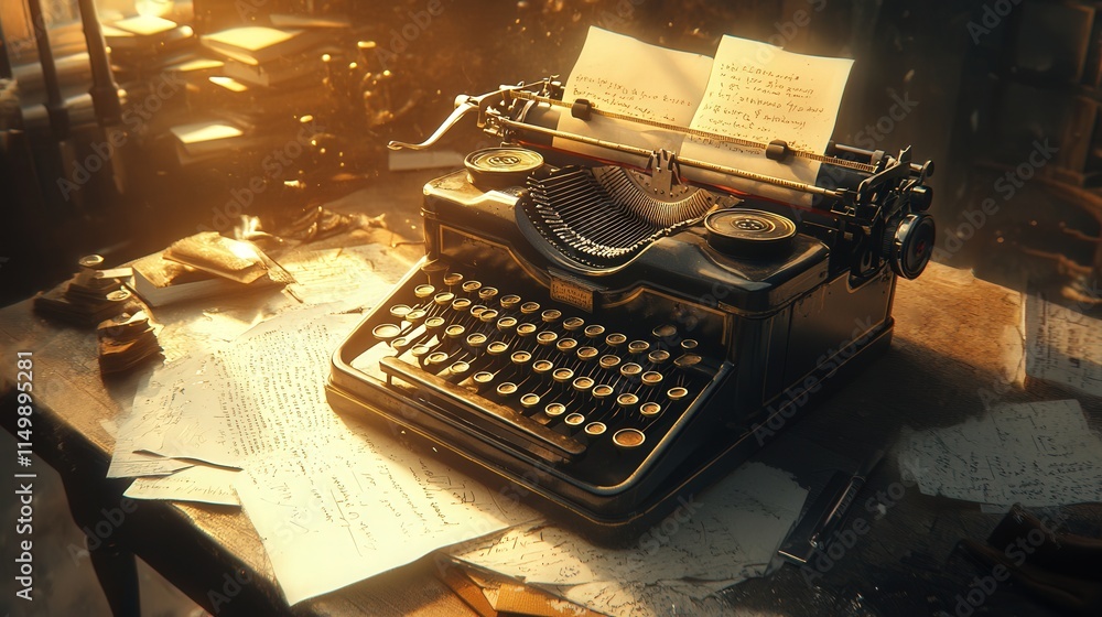 Poster old typewriter and scattered documents on a table, captured with soft light illuminating the scene,