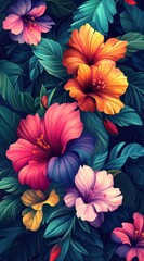 Vibrant hibiscus flowers and lush foliage.