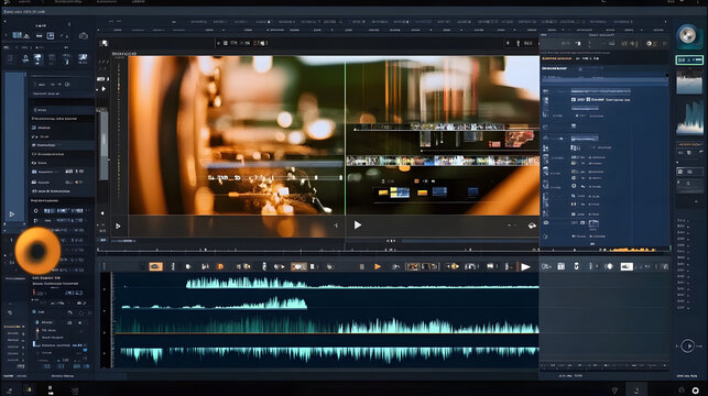 Video editor software interface used for professionally retouching clips, trimming and splicing to produce multimedia content. Videography program UI showing footage being modified, for film industry
