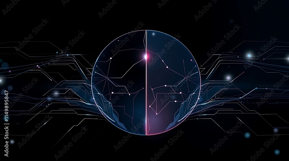Aufkleber digital divide: abstract concept of digital divide with a circle split into two parts, one glowing a