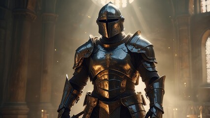 An angelic knight in shining armor hovers, holding a sword, bathed in radiant divine light.