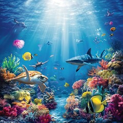 Vibrant underwater scene with coral reef, diverse fish, sea turtle, and shark.