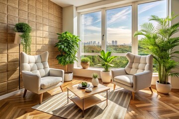 Fototapeta premium Modern Living Room Bird's Eye View: Beige Tiles, Armchairs, Plants & Window