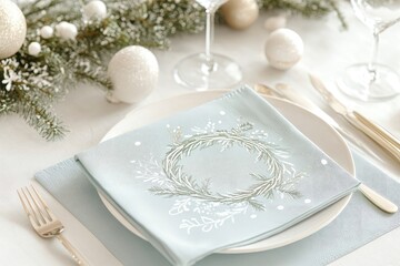 A table setting with a blue napkin and a white plate