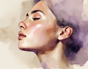 A woman's face is drawn in watercolor, with a serene expression