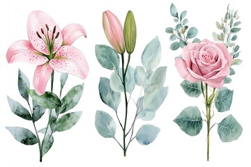 Watercolor painting of a pink lily, rose, and eucalyptus leaves on a white background.