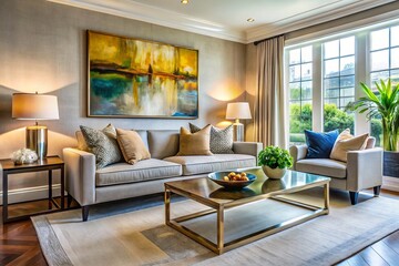 Fototapeta premium Modern Living Room Transitional Design: Elegant Sofa, Artwork, Eye-Level Shot