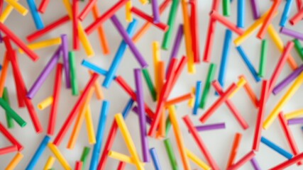 A vibrant collection of colorful sticks scattered on a white background, creating a playful and energetic composition.