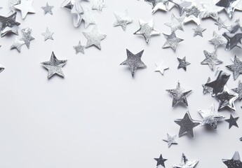 Silver star confetti scattered on white background. (1)