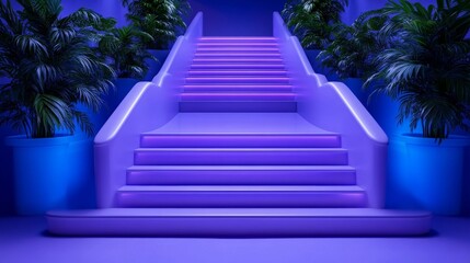 Neon Purple Staircase with Tropical Plants A Surreal Digital Art