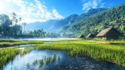 Obraz premium Serene sunrise over lush rice paddies and traditional huts nestled in a misty mountain valley.