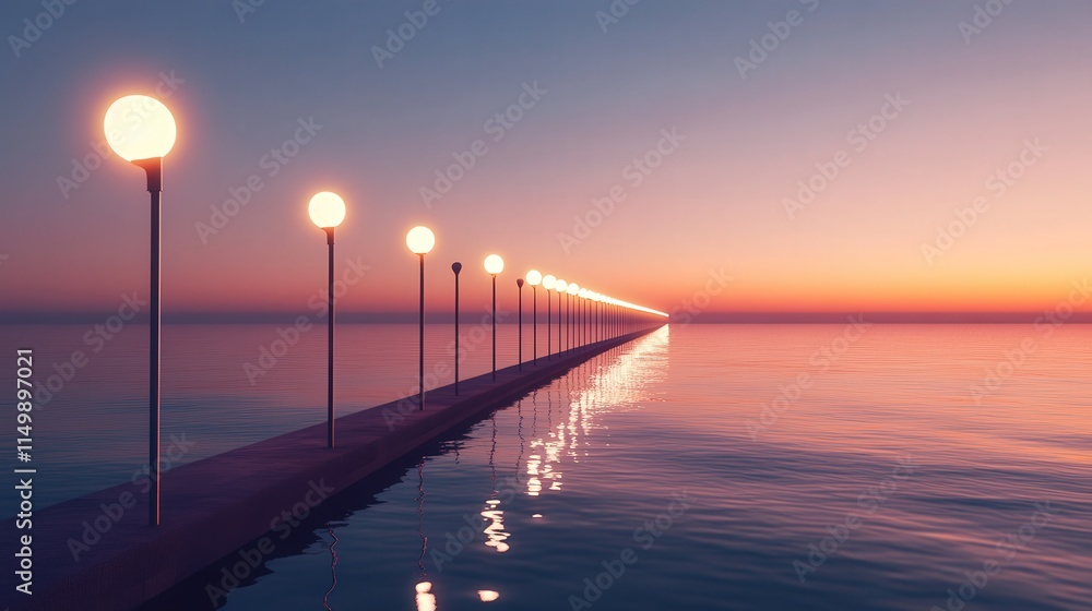 Poster bridge lit by rows of light bulb poles, their soft glow reflecting in the sea as the last traces of 