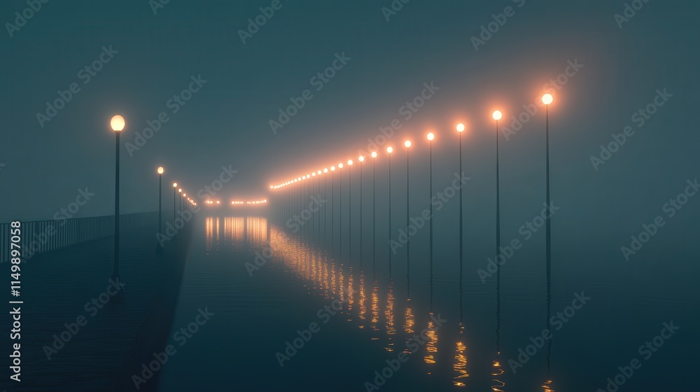 Poster bridge lit by rows of light bulb poles, their soft glow reflecting in the sea as the last traces of 