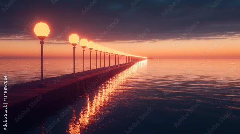 Poster bridge lit by rows of light bulb poles, their soft glow reflecting in the sea as the last traces of 
