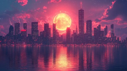 Obraz premium City skyline, red moon, water reflection, night.