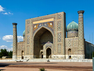 Historic Madrasa with Turquoise Domes in Samarkand's Registan Square