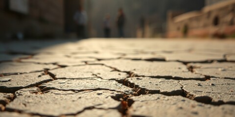 Obraz premium Close-up view of sun-baked cracked earth with blurred figures in the background suggesting a village street