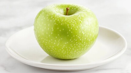 Single green apple with water droplets on a white plate.