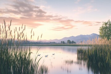 Fototapeta premium Tranquil coastal scene with reeds and gentle tidal waters