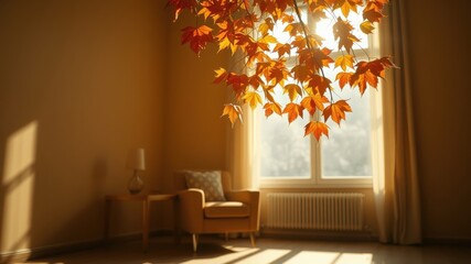 Autumnal Sunlight Illuminates Cozy Living Room with Warm Hues and Fall Foliage