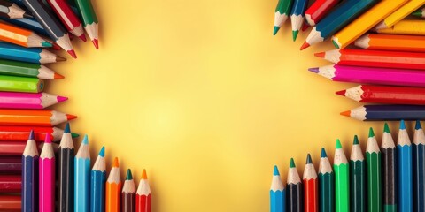 Fototapeta premium Colorful Pencils Arranged on a Yellow Background, Creating a Vibrant and Inviting Frame for Your Text or Design