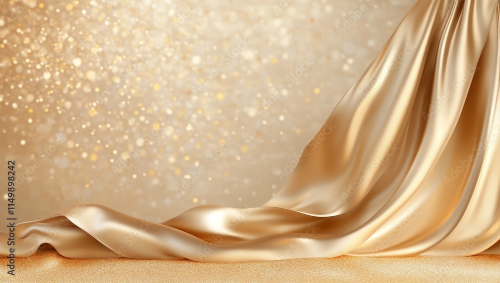 Poster luxurious gold silk fabric draped elegantly against a shimmering bokeh background.