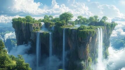Fototapeta premium Floating island, lush vegetation, cascading waterfalls.