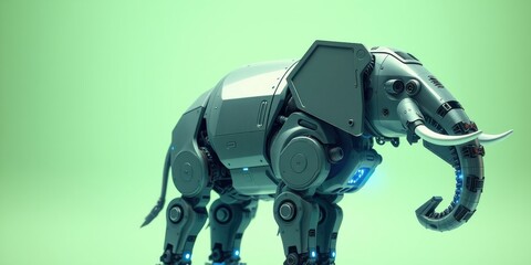 Naklejka premium Futuristic robotic elephant, metallic grey, glowing blue accents, isolated on a light green background