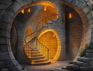 Obraz premium Fantastic Frontiers Spiral Staircase in a Stone Fortress with Warm Mystical Glow